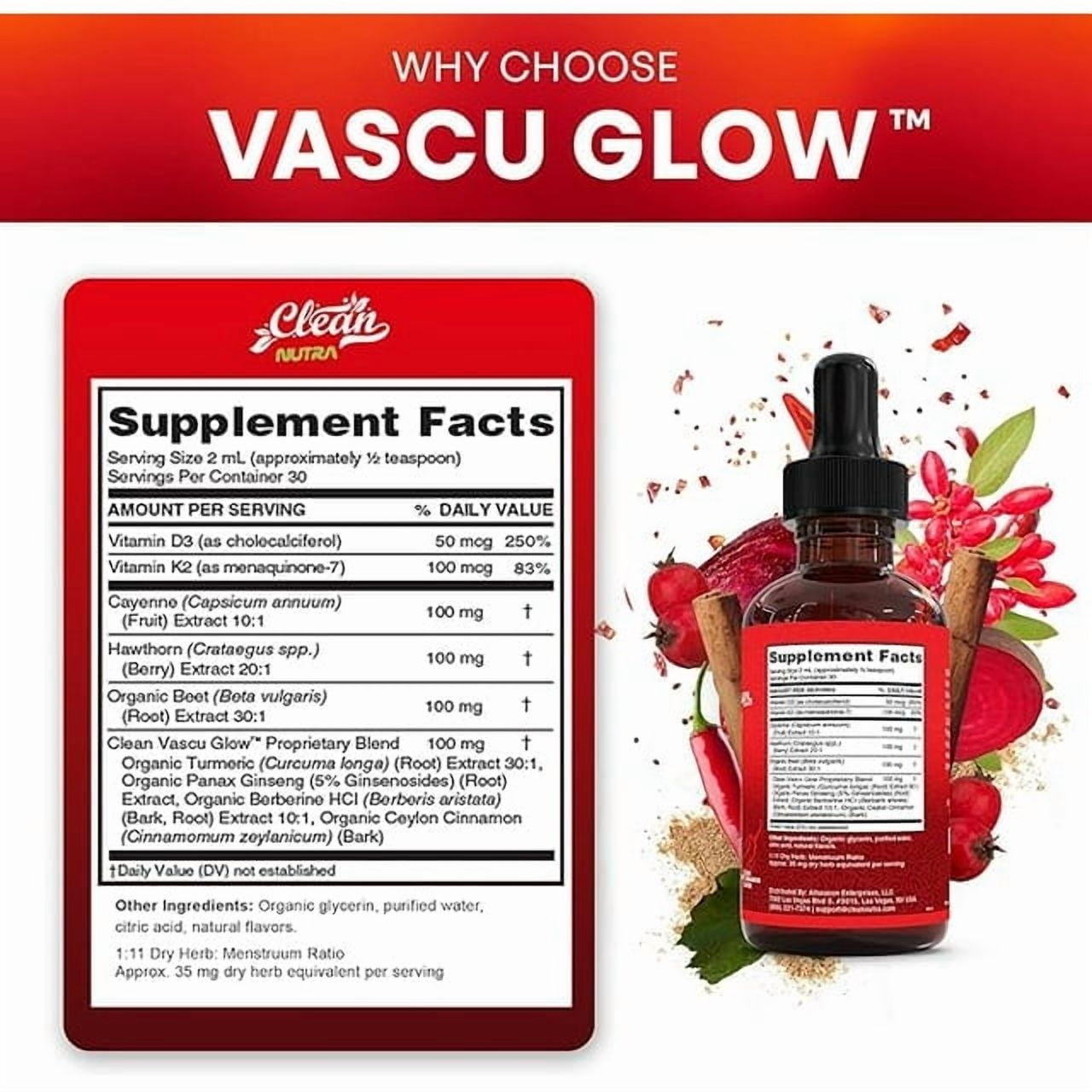 Cayenne Pepper Supplement Liquid Drops + Hawthorn Berry, Vitamin D3 K2 Beet Root Powder, Ceylon Cinnamon, Turmeric Curcumin, Organic Panax Ginseng, Berberine Extract VIT D K by Clean Nutra -