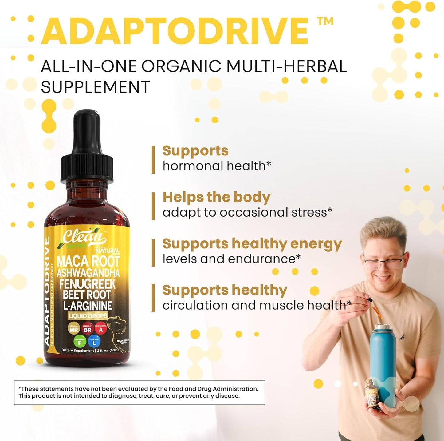 Clean Nutra Organic Maca Root Liquid Drops with Ashwagandha, Fenugreek, Beet Root and L-Arginine Liquid Multivitamin for Women and Men - Adapto Drive