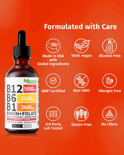 Vitamin B12, B6 & B1 Drops – Raspberry Flavor Liquid Supplement