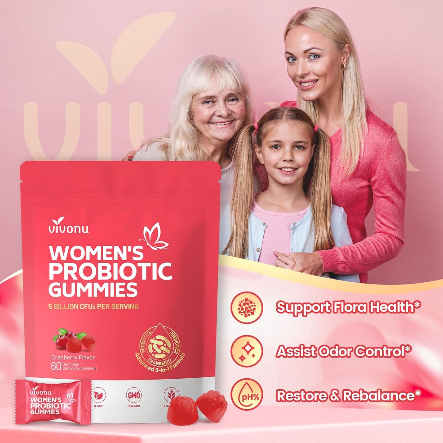 VivoNu Feminine Balance Probiotic Gummies for Women – Yeast & pH Balance Support with Cranberry & Prebiotics | Vegan, Gluten-Free, Halal | 60 Gummies-Shop