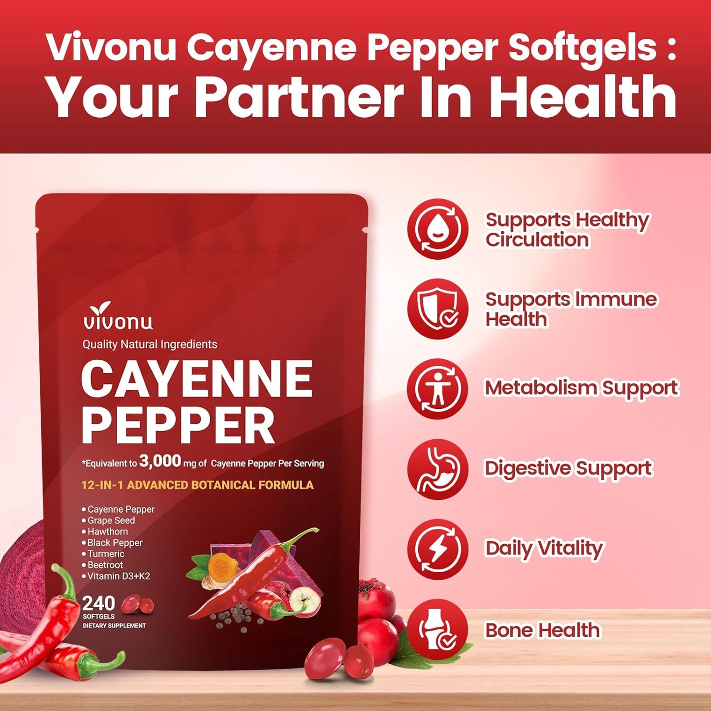 Cayenne Pepper Softgels Supplement, Supports Leg Vein, Heart and Blood Vessel Health, with Vitamin E D3+K2 and Extracts of Grape Seed, Hawthorn, Beetroot, Berberine and Others(240 Softgels/1 Bag)-Shop