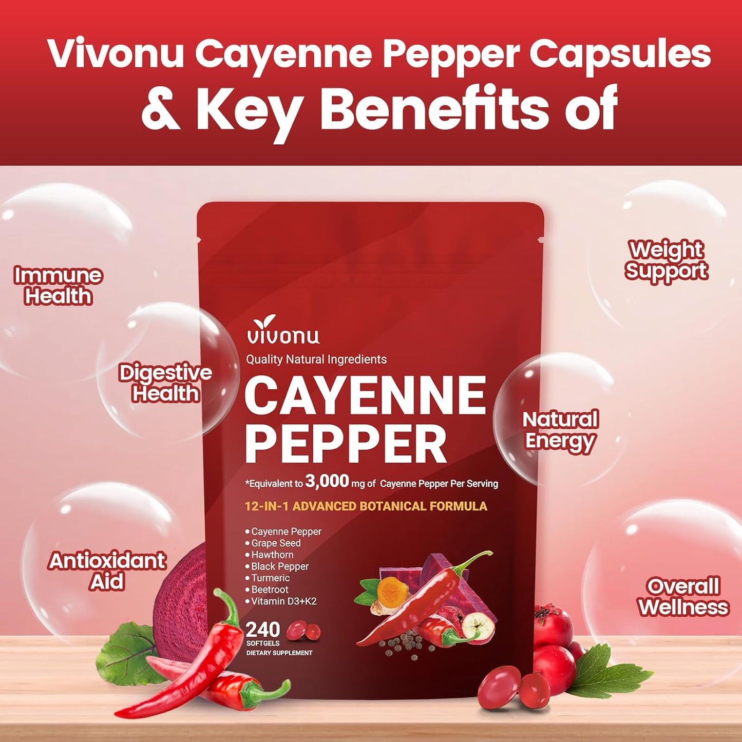 Cayenne Pepper Softgels Supplement, Supports Leg Vein, Heart and Blood Vessel Health, with Vitamin E D3+K2 and Extracts of Grape Seed, Hawthorn, Beetroot, Berberine and Others(240 Softgels/1 Bag)-Shop