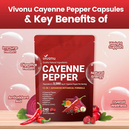 Cayenne Pepper Softgels Supplement, Supports Leg Vein, Heart and Blood Vessel Health, with Vitamin E D3+K2 and Extracts of Grape Seed, Hawthorn, Beetroot, Berberine and Others(240 Softgels/1 Bag)-Shop