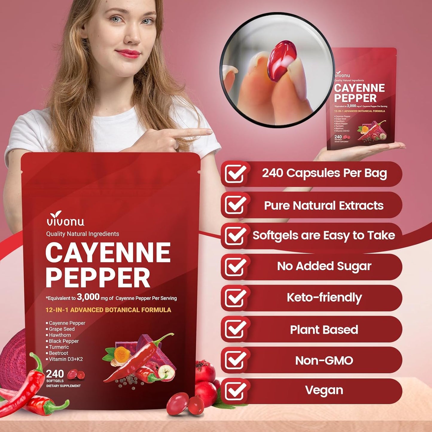 Cayenne Pepper Softgels Supplement, Supports Leg Vein, Heart and Blood Vessel Health, with Vitamin E D3+K2 and Extracts of Grape Seed, Hawthorn, Beetroot, Berberine and Others(240 Softgels/1 Bag)-Shop
