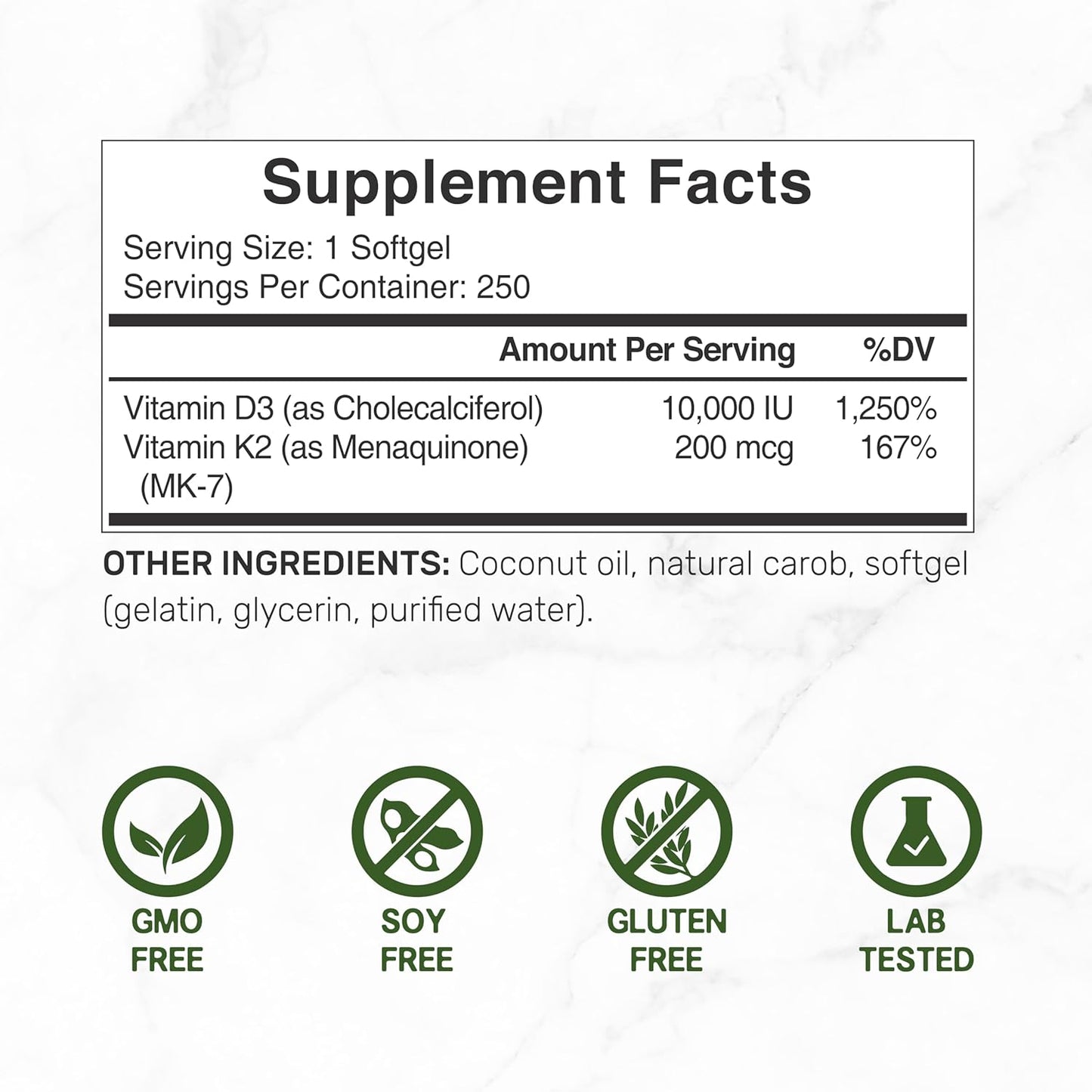 DEAL SUPPLEMENT Vitamin D3 10,000 IU + K2 MK7 200mcg Softgels, 250 Count | 2-in-1 Complex with Virgin Coconut Oil | Supports Heart, Bone, Teeth & Immune Health* | Easy to Swallow-Shop