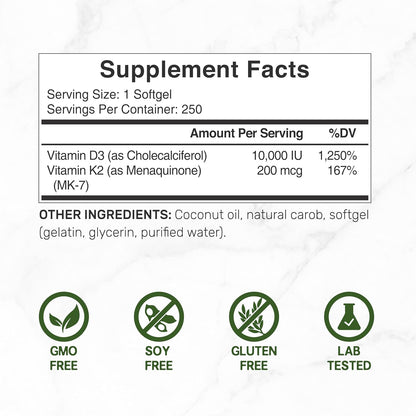 DEAL SUPPLEMENT Vitamin D3 10,000 IU + K2 MK7 200mcg Softgels, 250 Count | 2-in-1 Complex with Virgin Coconut Oil | Supports Heart, Bone, Teeth & Immune Health* | Easy to Swallow-Shop