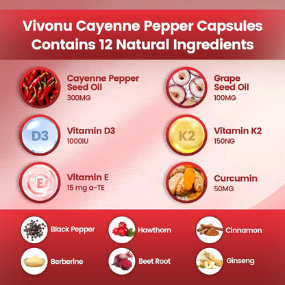 Cayenne Pepper Softgels Supplement, Supports Leg Vein, Heart and Blood Vessel Health, with Vitamin E D3+K2 and Extracts of Grape Seed, Hawthorn, Beetroot, Berberine and Others(240 Softgels/1 Bag)-Shop