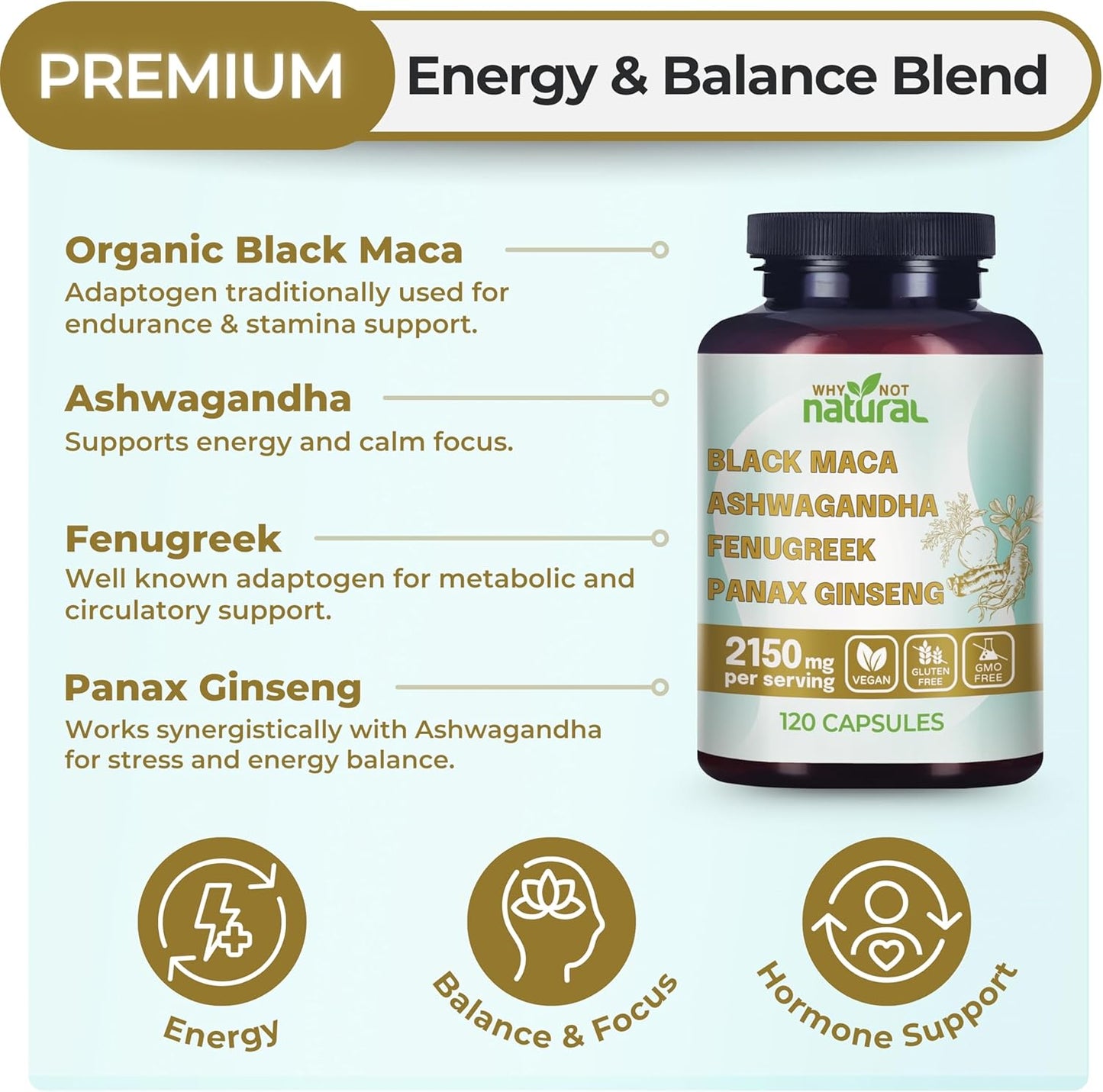 Why Not Natural 4-in-1 Organic Black Maca Root, Ashwagandha, Fenugreek, Panax Ginseng Capsules, Supplement for Men and Women-Shop