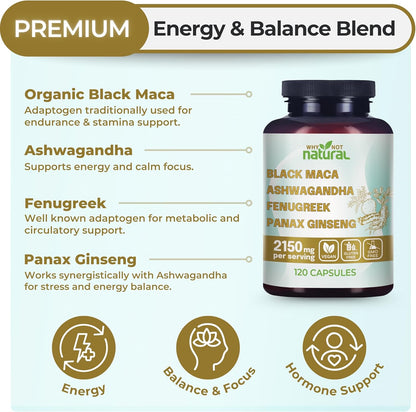 Why Not Natural 4-in-1 Organic Black Maca Root, Ashwagandha, Fenugreek, Panax Ginseng Capsules, Supplement for Men and Women-Shop
