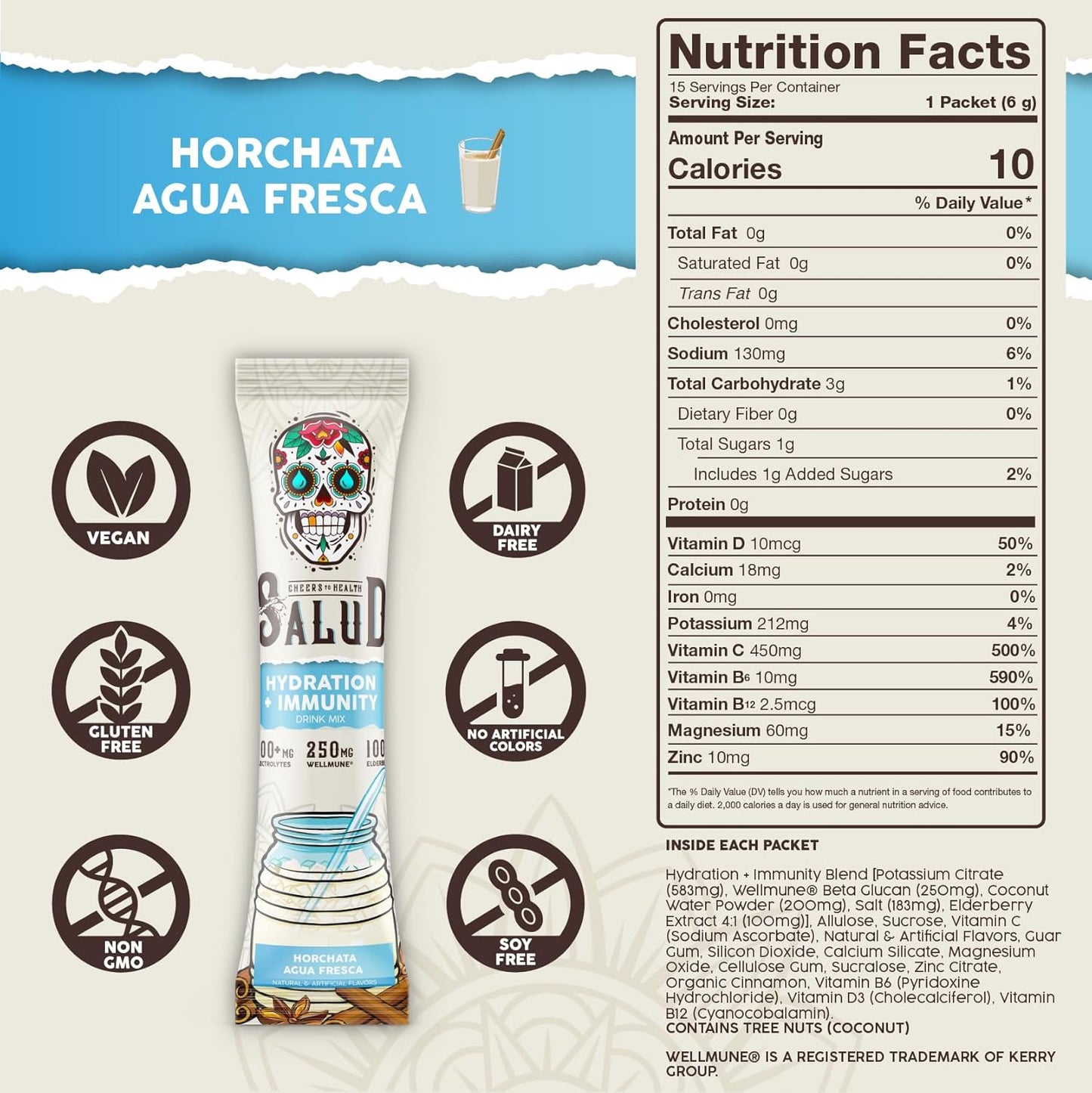 2-in-1 Hydration Packets + Immunity Electrolytes Powder, Dairy & Soy Free, Non-GMO, Gluten Free, Vegan, Low Calorie, 1g Sugar (15 Servings Horchata)-Shop