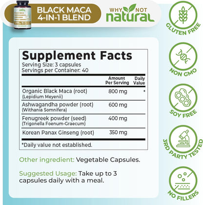 Why Not Natural 4-in-1 Organic Black Maca Root, Ashwagandha, Fenugreek, Panax Ginseng Capsules, Supplement for Men and Women-Shop