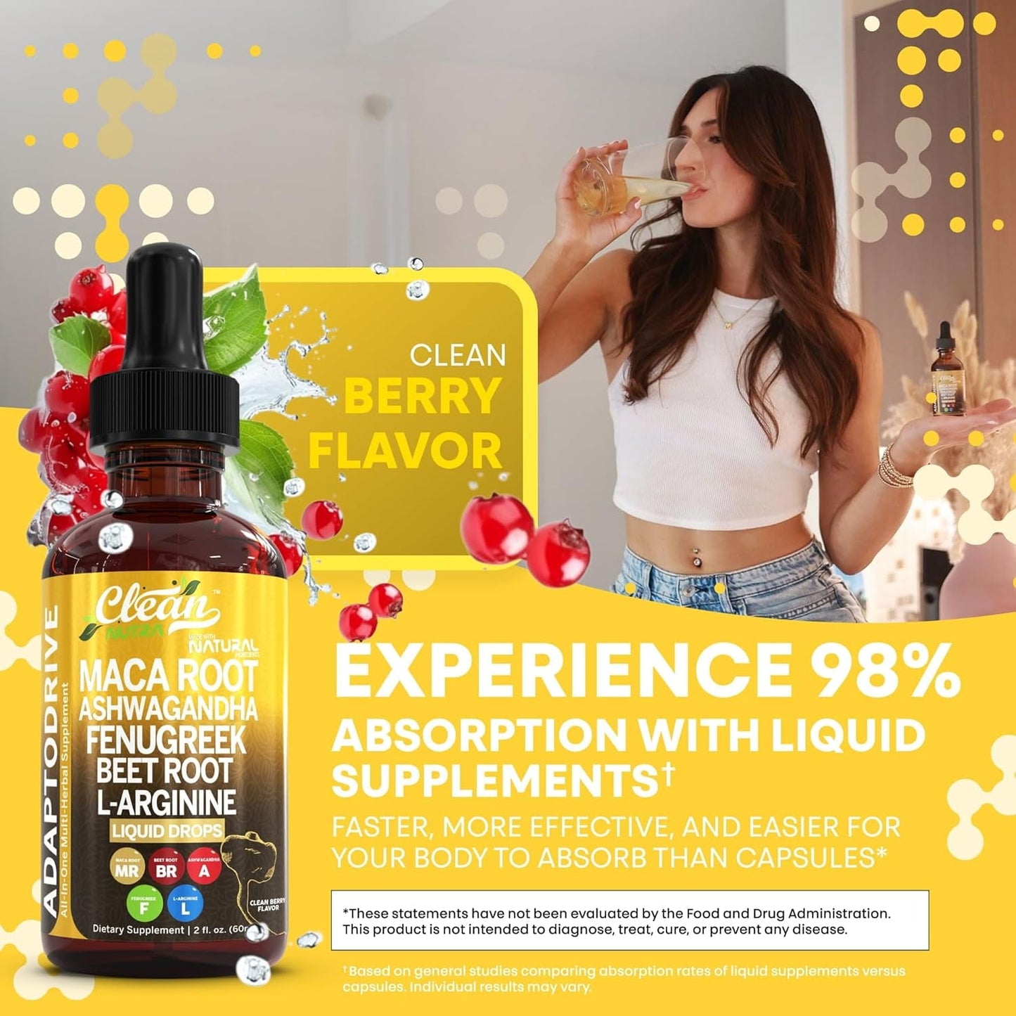 Clean Nutra Organic Maca Root Liquid Drops with Ashwagandha, Fenugreek, Beet Root and L-Arginine Liquid Multivitamin for Women and Men - Adapto Drive