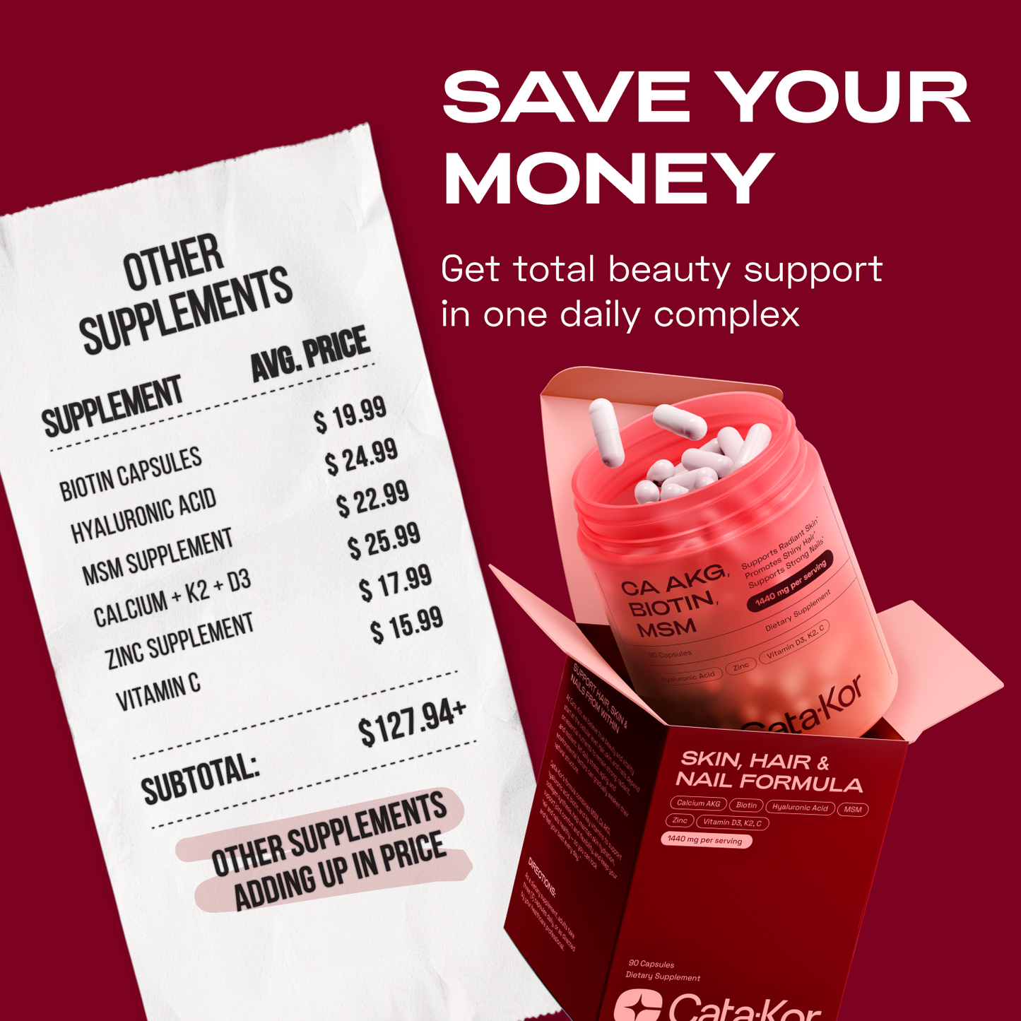 Cata-Kor Skin, Hair & Nails Supplement – Ca AKG, MSM, Hyaluronic Acid, Biotin-Shop