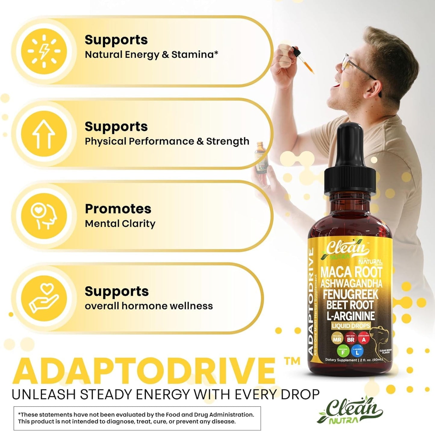 Clean Nutra Organic Maca Root Liquid Drops with Ashwagandha, Fenugreek, Beet Root and L-Arginine Liquid Multivitamin for Women and Men - Adapto Drive