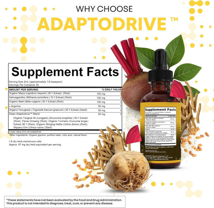 Clean Nutra Organic Maca Root Liquid Drops with Ashwagandha, Fenugreek, Beet Root and L-Arginine Liquid Multivitamin for Women and Men - Adapto Drive