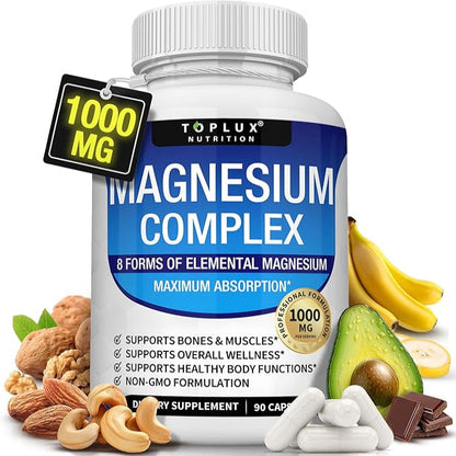 Magnesium Complex Supplement 8 Elemental 1000mg - Magnesium Glycinate, Citrate, Malate, Taurate, Chelated for Easy Absorption for Bones, Muscle, Recovery, Energy, Vegan Non-GMO 90 Capsules