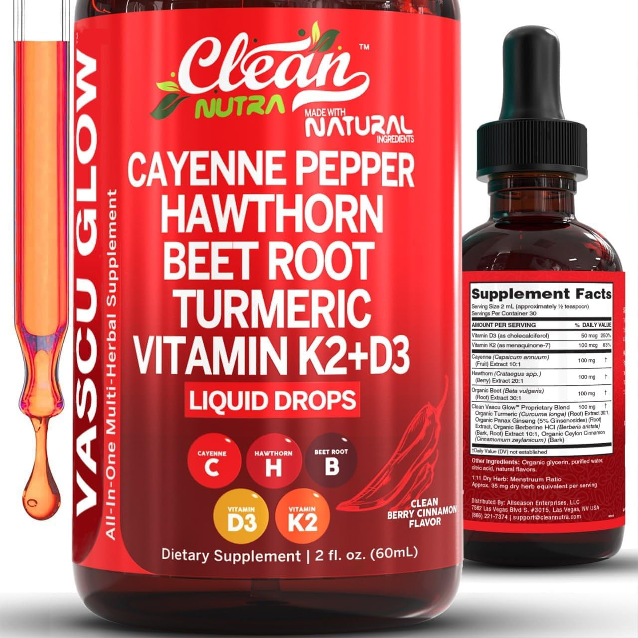 Cayenne Pepper Supplement Liquid Drops + Hawthorn Berry, Vitamin D3 K2 Beet Root Powder, Ceylon Cinnamon, Turmeric Curcumin, Organic Panax Ginseng, Berberine Extract VIT D K by Clean Nutra -