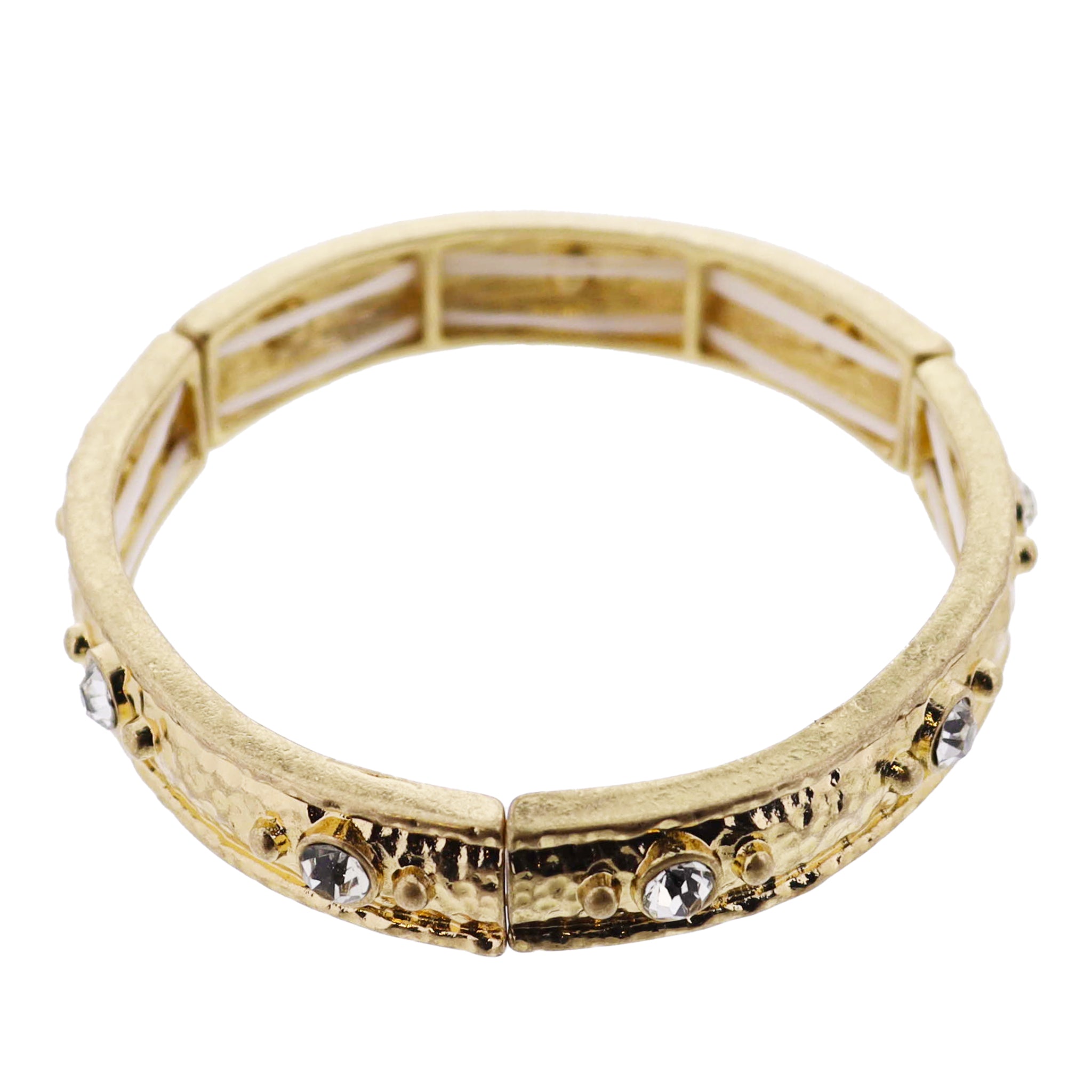 Gold Hammered with Crystal Accent Artisan Stretch Bangle Bracelet
