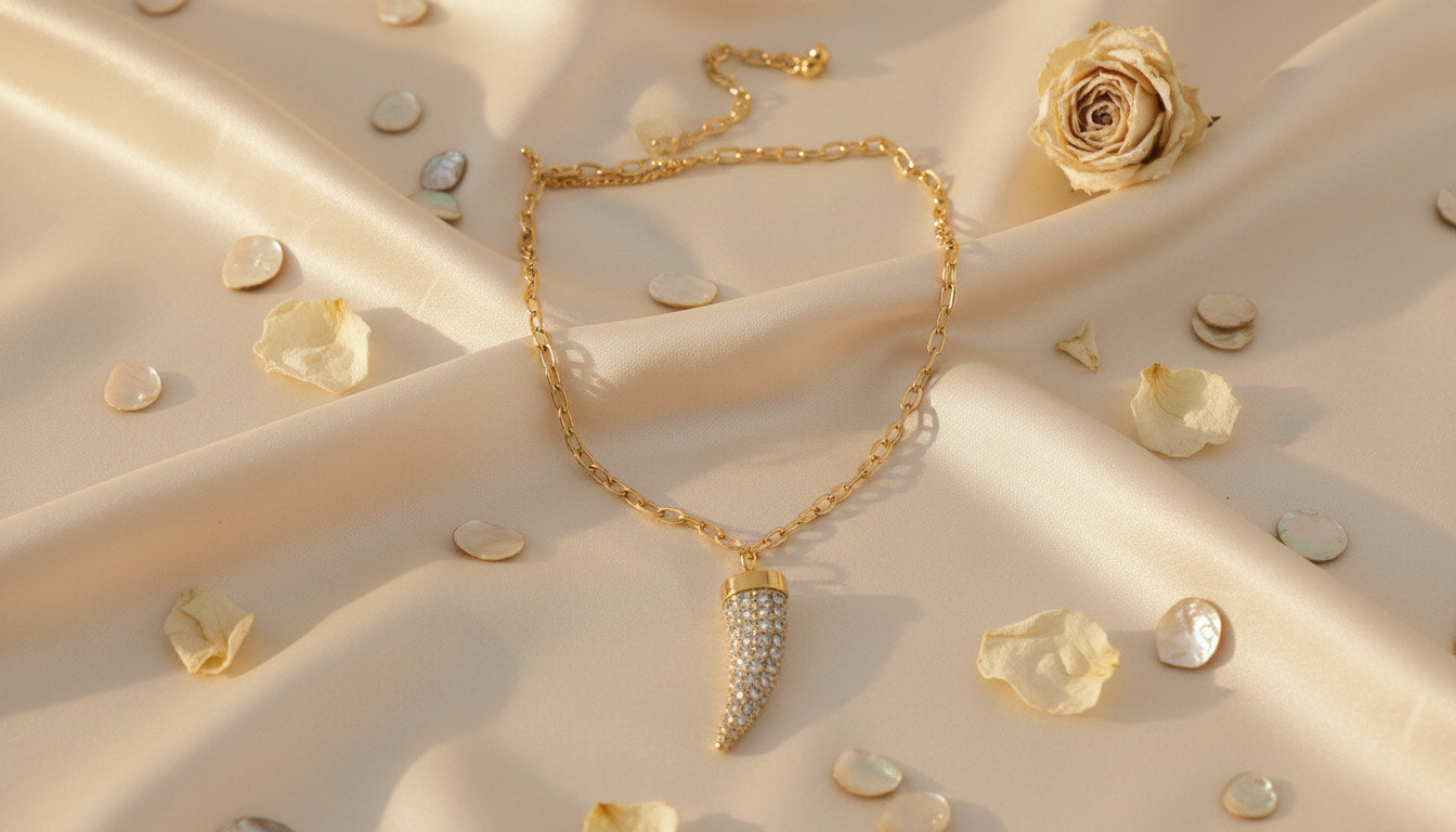 Elegant Gold-Tone Pavé Crystal Italian Horn Necklace