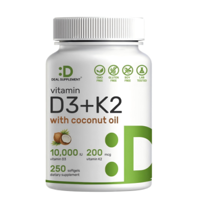 DEAL SUPPLEMENT Vitamin D3 10,000 IU + K2 MK7 200mcg Softgels, 250 Count | 2-in-1 Complex with Virgin Coconut Oil | Supports Heart, Bone, Teeth & Immune Health* | Easy to Swallow-Shop