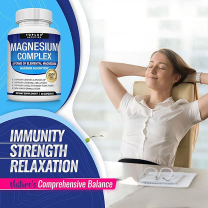 Magnesium Complex Supplement 8 Elemental 1000mg - Magnesium Glycinate, Citrate, Malate, Taurate, Chelated for Easy Absorption for Bones, Muscle, Recovery, Energy, Vegan Non-GMO 90 Capsules
