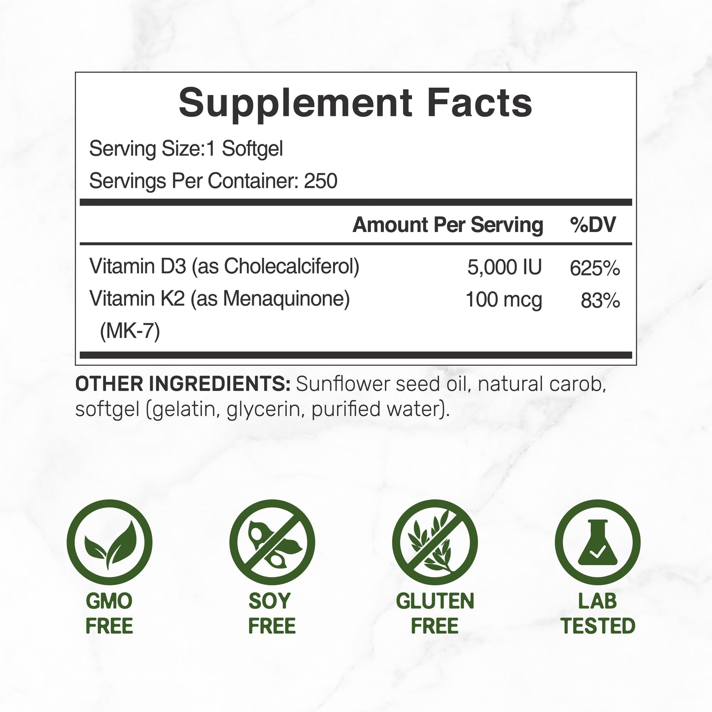 Vitamin D3 K2 5000IU Softgel, 250 Count-Shop