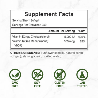 Vitamin D3 K2 5000IU Softgel, 250 Count-Shop