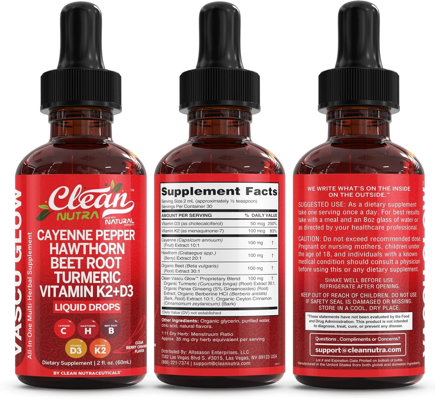 Cayenne Pepper Supplement Liquid Drops + Hawthorn Berry, Vitamin D3 K2 Beet Root Powder, Ceylon Cinnamon, Turmeric Curcumin, Organic Panax Ginseng, Berberine Extract VIT D K by Clean Nutra -