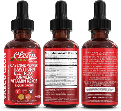 Cayenne Pepper Supplement Liquid Drops + Hawthorn Berry, Vitamin D3 K2 Beet Root Powder, Ceylon Cinnamon, Turmeric Curcumin, Organic Panax Ginseng, Berberine Extract VIT D K by Clean Nutra -