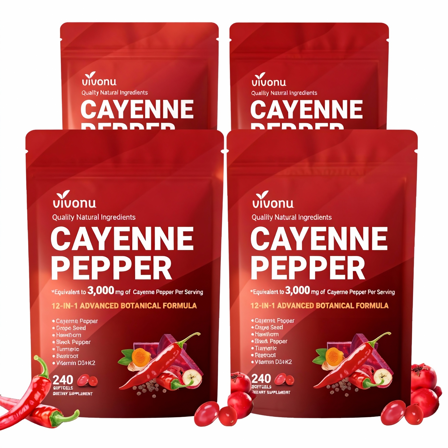 Cayenne Pepper Softgels Supplement, Supports Leg Vein, Heart and Blood Vessel Health, with Vitamin E D3+K2 and Extracts of Grape Seed, Hawthorn, Beetroot, Berberine and Others(240 Softgels/1 Bag)-Shop