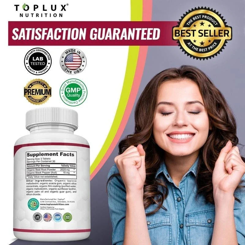 -TopLux Organic Beet Root 2040mg –90Tablets – Energy, Circulation & Antioxidant-
