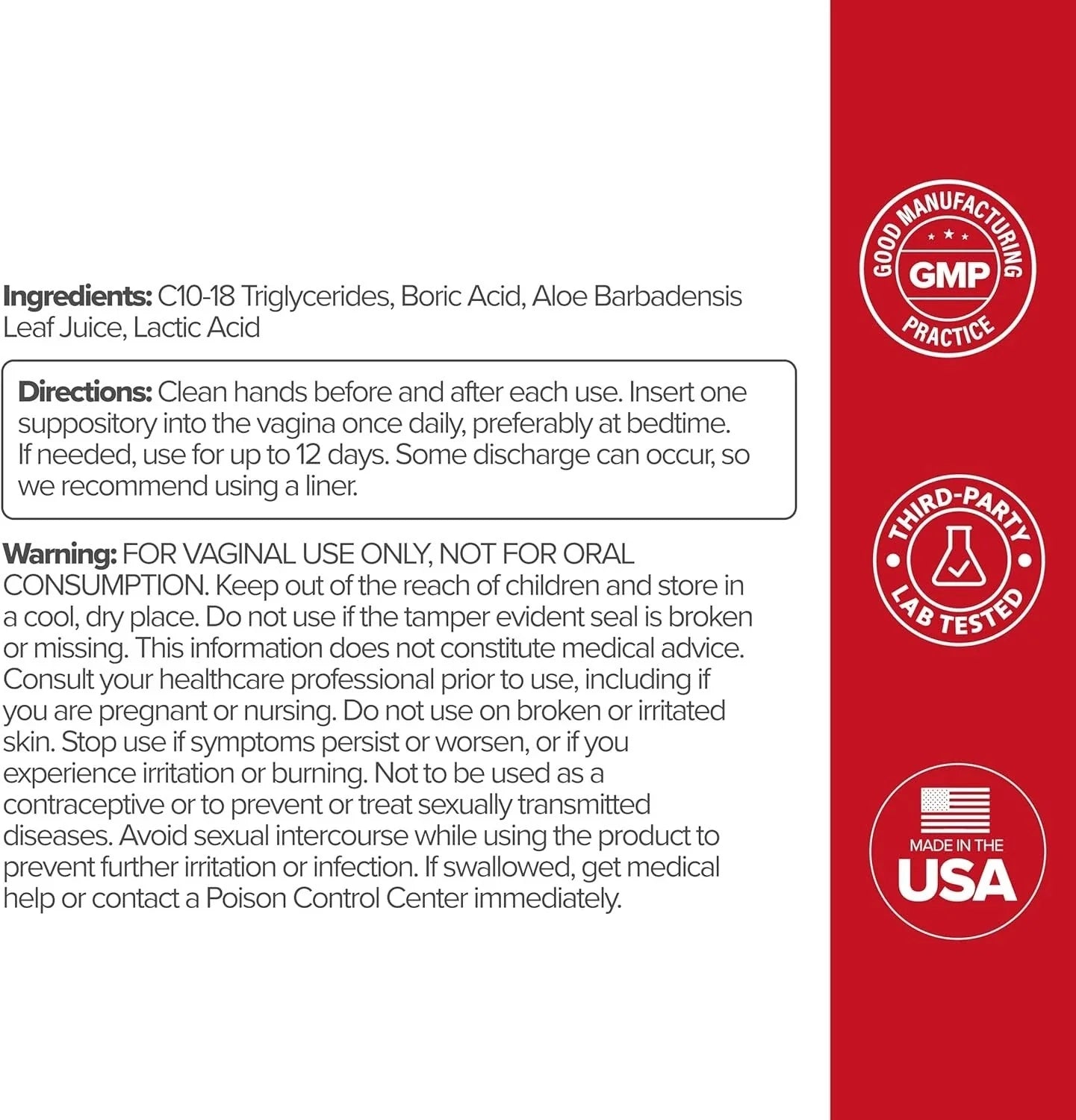 Boric Acid Vaginal Suppository – with Lactic Acid, and Aloe for Fast Relief and