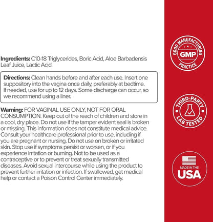 Boric Acid Vaginal Suppository – with Lactic Acid, and Aloe for Fast Relief and