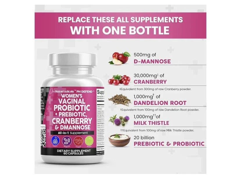 Clean Nutraceuticals Vaginal Probiotics for Women + Prebiotics 20 Billion Cranbe