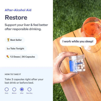 Cheers Restore | Supplement with DHM + L-Cysteine | Feel Better after Drinking.