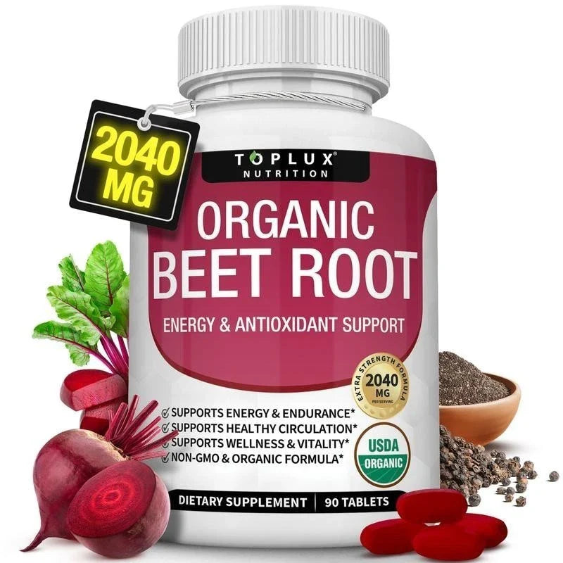 -TopLux Organic Beet Root 2040mg –90Tablets – Energy, Circulation & Antioxidant-