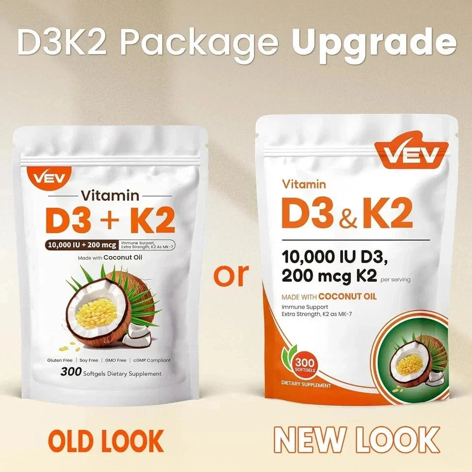 VEV Vitamin D3 Con K2 10000 IU, 300 Virgin Coconut Oil Softgels, 2 in 1 Vitamins
