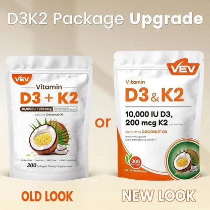 VEV Vitamin D3 Con K2 10000 IU, 300 Virgin Coconut Oil Softgels, 2 in 1 Vitamins