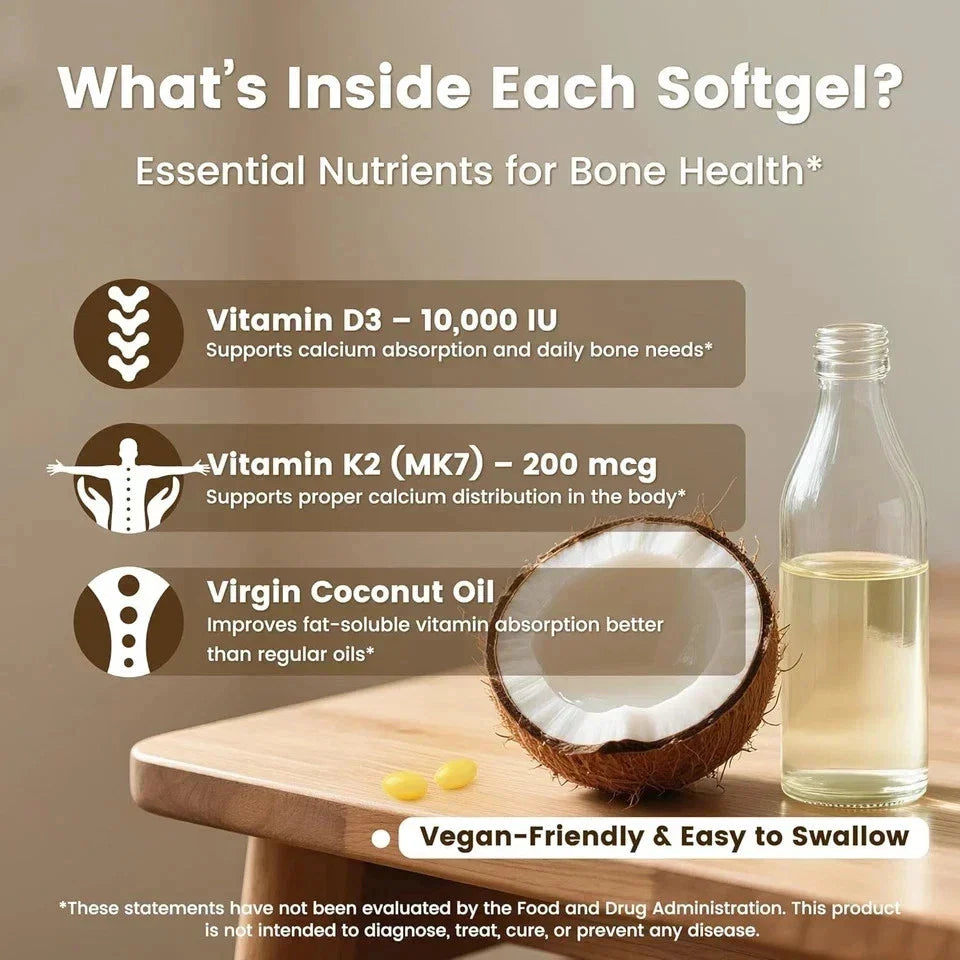 VEV Vitamin D3 Con K2 10000 IU, 300 Virgin Coconut Oil Softgels, 2 in 1 Vitamins