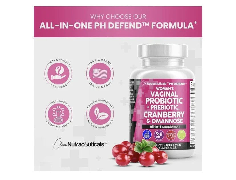 Clean Nutraceuticals Vaginal Probiotics for Women + Prebiotics 20 Billion Cranbe