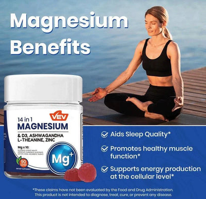 VEV 14-in-1 Magnesium Gummies – with Ashwagandha, L-Theanine, Vitamin D3 & Zinc