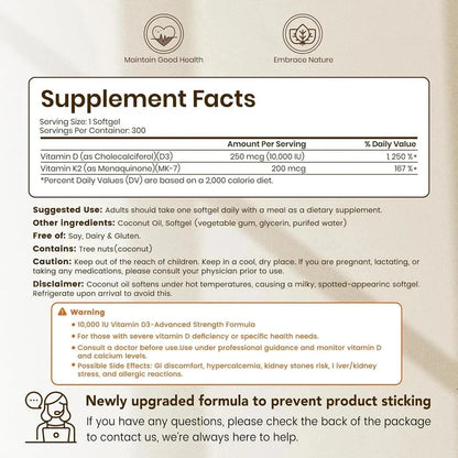 VEV Vitamin D3 Con K2 10000 IU, 300 Virgin Coconut Oil Softgels, 2 in 1 Vitamins