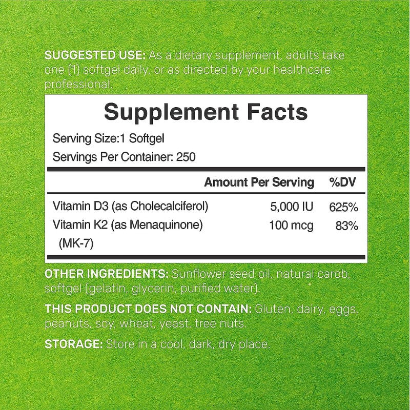 DEAL SUPPLEMENT Vitamin D3 K2 5000IU Softgel, 2-1 Complex, 250 Count