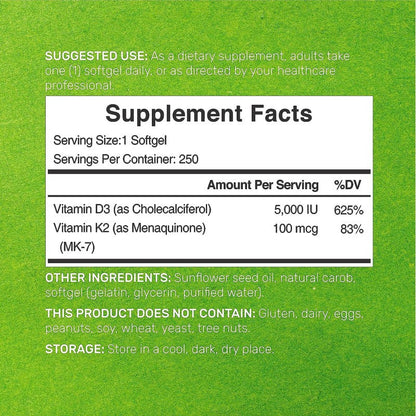 DEAL SUPPLEMENT Vitamin D3 K2 5000IU Softgel, 2-1 Complex, 250 Count
